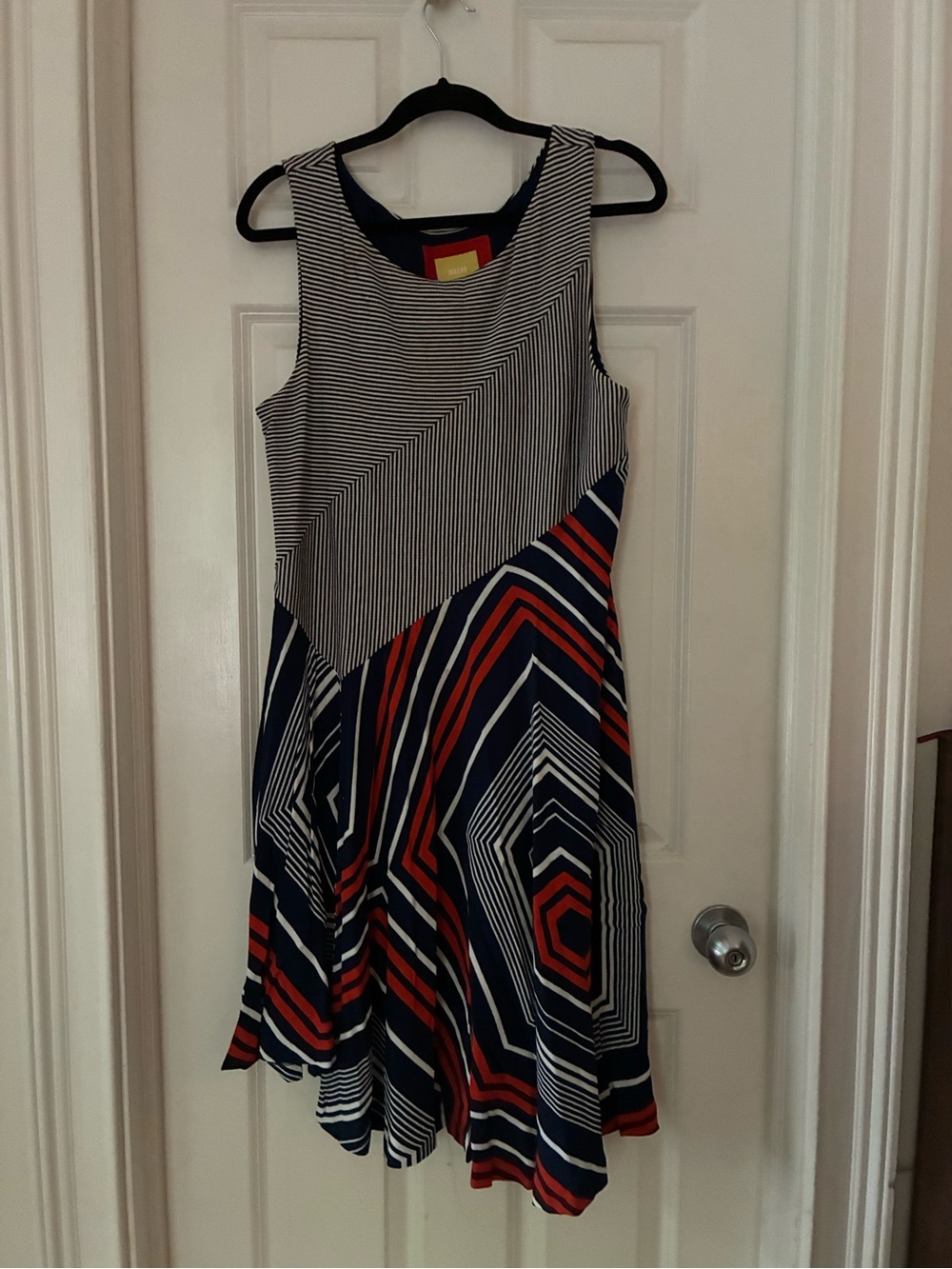 Striped Navy and Orange Sleeveless Fit-and-Flare Dress